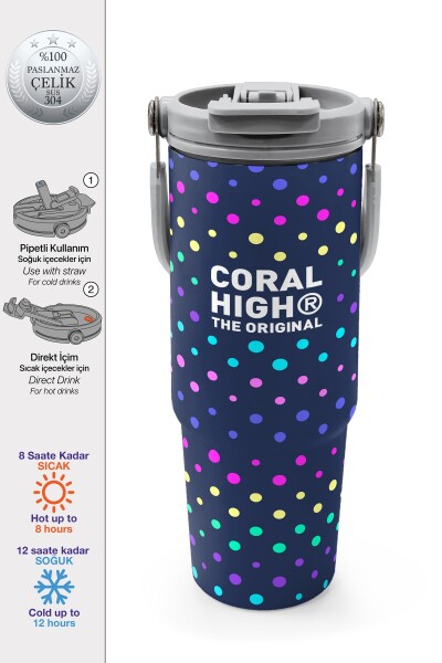 Coral High Lacivert Puantiyeli Desenli Pipetli ve Direkt İçim Çelik Termos 900 ml 38714 - 1
