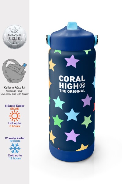 Coral High Lacivert Renkli Yıldız Desenli Katlanır Ağızlıklı Çelik Termos 650 ml 38309 - 1