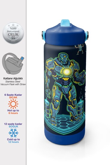 Coral High Lacivert Robot Desenli Katlanır Ağızlıklı Çelik Termos 650 ml 38328 - Coral High