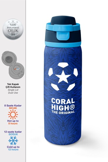 Coral High Lacivert Saks Futbol Desenli Pipetli ve Direkt İçim Çelik Termos 800 ml 38557 