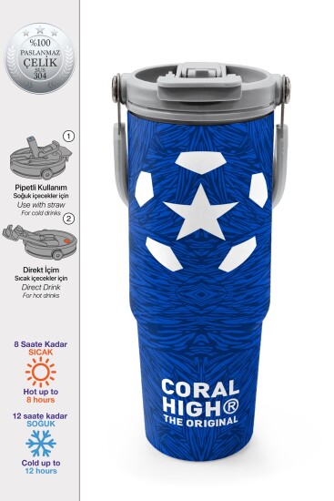 Coral High Lacivert Saks Futbol Desenli Pipetli ve Direkt İçim Çelik Termos 900 ml 38721 - Coral High