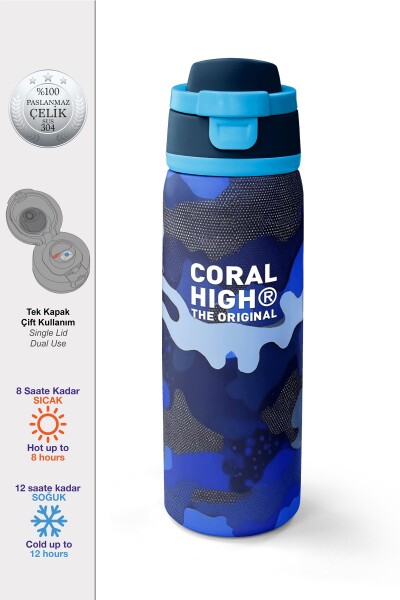 Coral High Lacivert Saks Kamuflaj Desenli Pipetli ve Direkt İçim Çelik Termos 800 ml 38549 - 1
