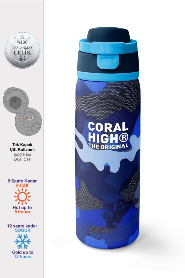 Coral High Lacivert Saks Kamuflaj Desenli Pipetli ve Direkt İçim Çelik Termos 800 ml 38549 