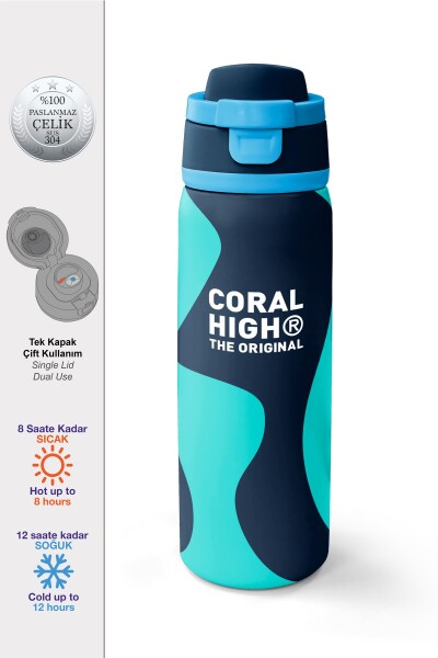 Coral High Lacivert Turkuaz Desenli Pipetli ve Direkt İçim Çelik Termos 800 ml 38546 - 1