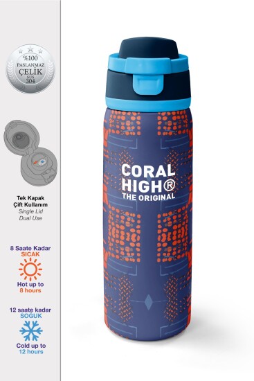 Coral High Lacivert Turuncu Çizgi Desenli Pipetli ve Direkt İçim Çelik Termos 800 ml 38567 - STANDART