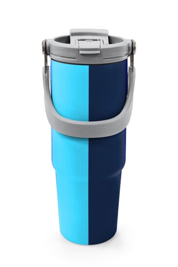 Coral High Mavi Çizgili Desenli Pipetli ve Direkt İçim Çelik Termos 900 ml 38748 - 7