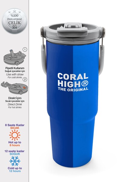 Coral High Mavi Çizgili Desenli Pipetli ve Direkt İçim Çelik Termos 900 ml 38748 - 1