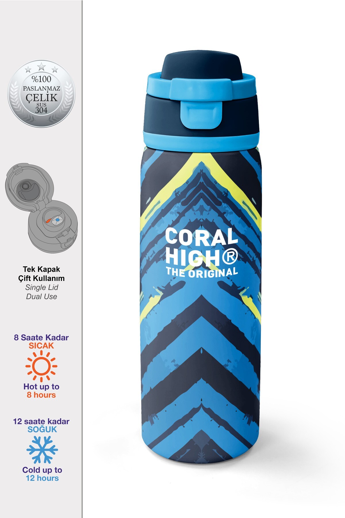 Coral High Mavi Lacivert Desenli Pipetli ve Direkt İçim Çelik Termos 800 ml 38582