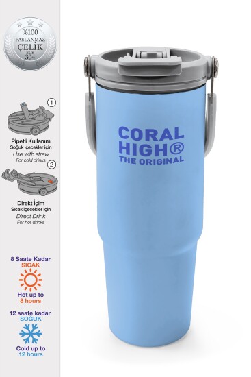 Coral High Mavi Pipetli ve Direkt İçim Çelik Termos 900 ml 38754 - Coral High