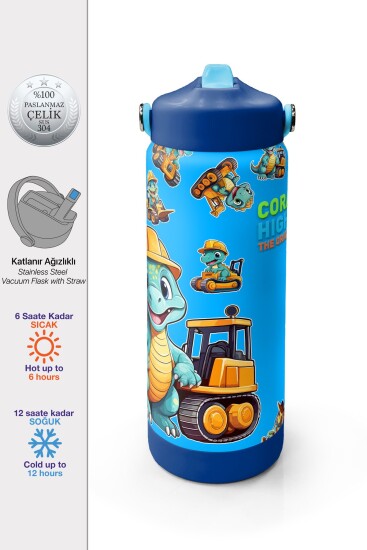 Coral High Mavi Turuncu Dinozor Desenli Katlanır Ağızlıklı Çelik Termos 650 ml 38396 - 1