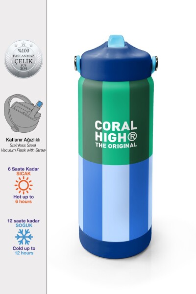 Coral High Mavi Yeşil Çizgi Desenli Katlanır Ağızlıklı Çelik Termos 650 ml 38311 - 1