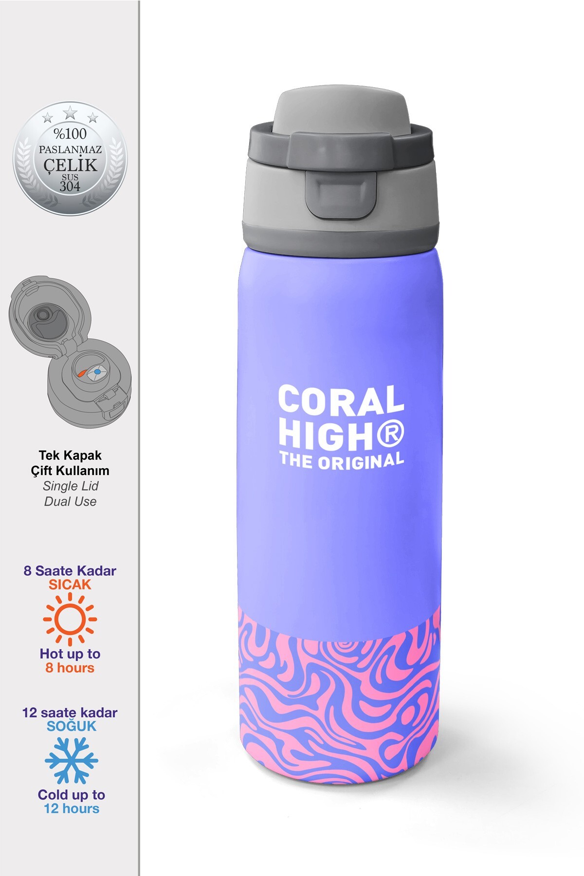 Coral High Milka Geometrik Desenli Pipetli ve Direkt İçim Çelik Termos 800 ml 38505