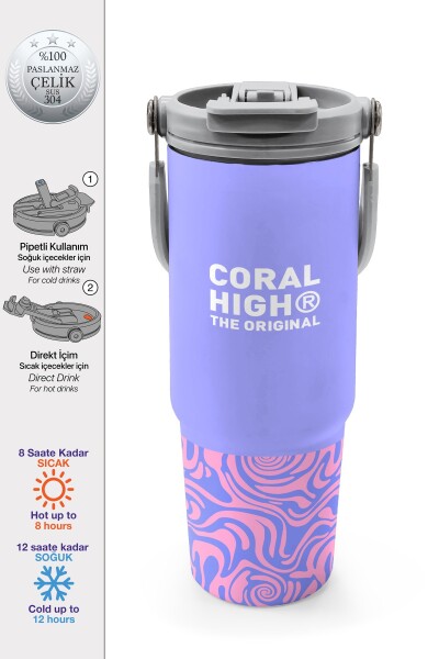 Coral High Milka Geometrik Desenli Pipetli ve Direkt İçim Çelik Termos 900 ml 38704 - 1