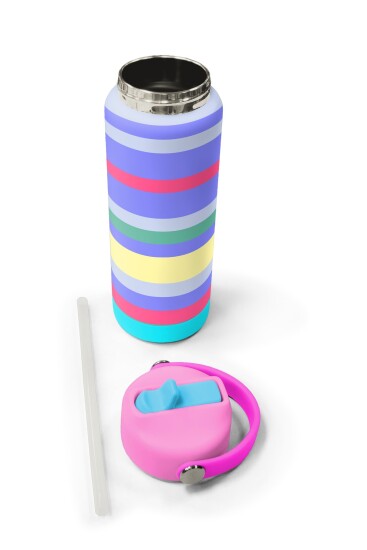 Coral High Milka Gri Sarı Çizgi Desenli Katlanır Ağızlıklı Çelik Termos 650 ml 38302 - 5