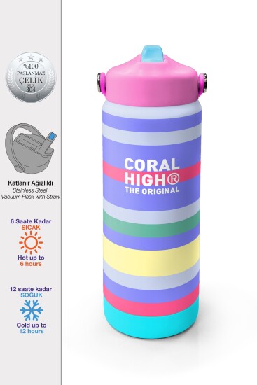 Coral High Milka Gri Sarı Çizgi Desenli Katlanır Ağızlıklı Çelik Termos 650 ml 38302 - 1