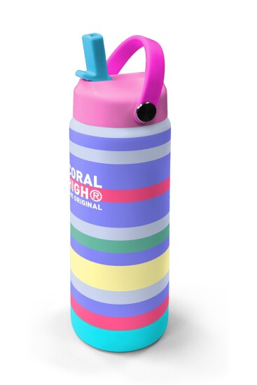 Coral High Milka Gri Sarı Çizgi Desenli Katlanır Ağızlıklı Çelik Termos 650 ml 38302 - 2