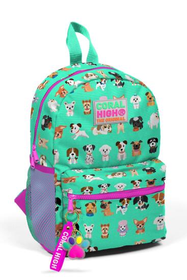Minik Yuva Sırt Çantası Su Yeşili Neon Pembe Köpek Desenli İki Bölmeli 23330 - Coral High KIDS
