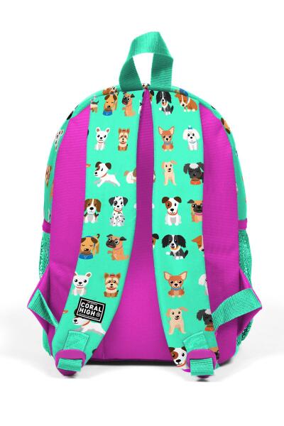 Minik Yuva Sırt Çantası Su Yeşili Neon Pembe Köpek Desenli İki Bölmeli 23330 - 4