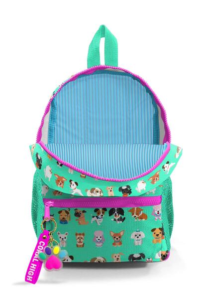 Minik Yuva Sırt Çantası Su Yeşili Neon Pembe Köpek Desenli İki Bölmeli 23330 - 3