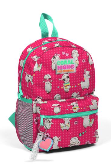 Minik Yuva Sırt Çantası Neon Mercan Su Yeşili Alpaka Desenli İki Bölmeli 23332 