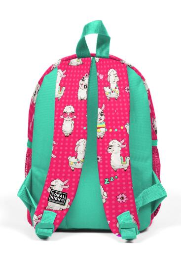 Minik Yuva Sırt Çantası Neon Mercan Su Yeşili Alpaka Desenli İki Bölmeli 23332 - 4
