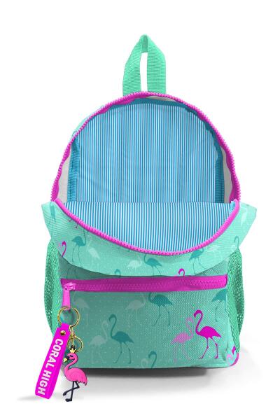 Minik Yuva Sırt Çantası Su Yeşili Neon Pembe Flamingo Desenli İki Bölmeli 23339 - 3
