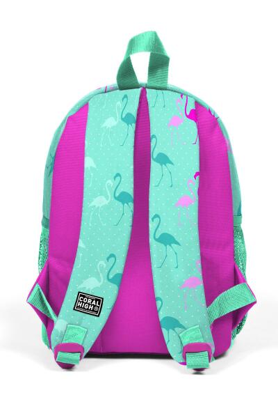 Minik Yuva Sırt Çantası Su Yeşili Neon Pembe Flamingo Desenli İki Bölmeli 23339 - 4