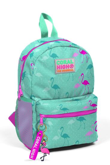 Minik Yuva Sırt Çantası Su Yeşili Neon Pembe Flamingo Desenli İki Bölmeli 23339 