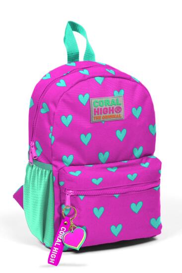 Minik Yuva Sırt Çantası Neon Pembe Su Yeşili Kalp Desenli İki Bölmeli 23341 - Coral High KIDS