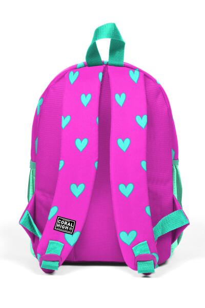 Minik Yuva Sırt Çantası Neon Pembe Su Yeşili Kalp Desenli İki Bölmeli 23341 - 3