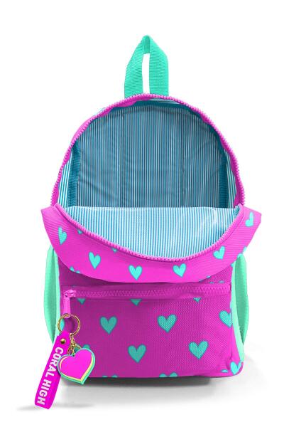 Minik Yuva Sırt Çantası Neon Pembe Su Yeşili Kalp Desenli İki Bölmeli 23341 - 4