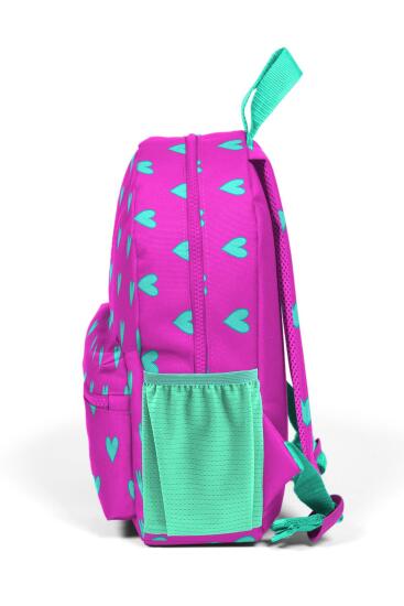 Minik Yuva Sırt Çantası Neon Pembe Su Yeşili Kalp Desenli İki Bölmeli 23341 - 6
