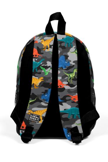 Minik Yuva Sırt Çantası Koyu Gri Siyah Kamuflaj Dinozor Desenli İki Bölmeli 23350 - 4
