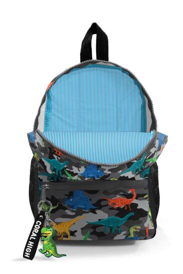 Minik Yuva Sırt Çantası Koyu Gri Siyah Kamuflaj Dinozor Desenli İki Bölmeli 23350 - 3