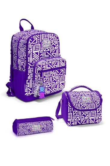 Coral High Mor Beyaz Geometrik Desenli 3’lü Okul Çanta Seti SET0123683 - 1