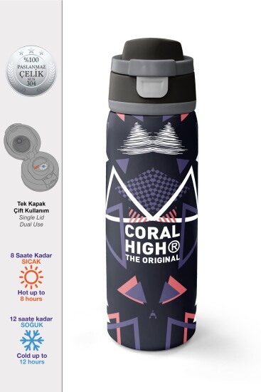 Coral High Mor Lacivert Geometrik Desenli Pipetli ve Direkt İçim Çelik Termos 800 ml 38583 - Coral High