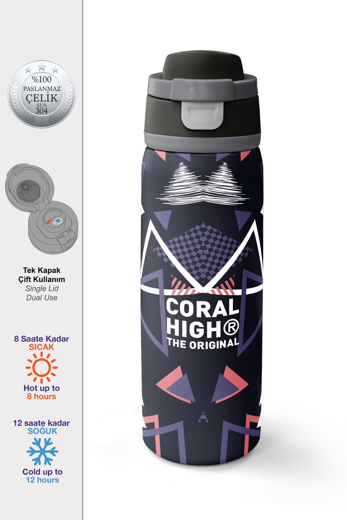 Coral High Mor Lacivert Geometrik Desenli Pipetli ve Direkt İçim Çelik Termos 800 ml 38583