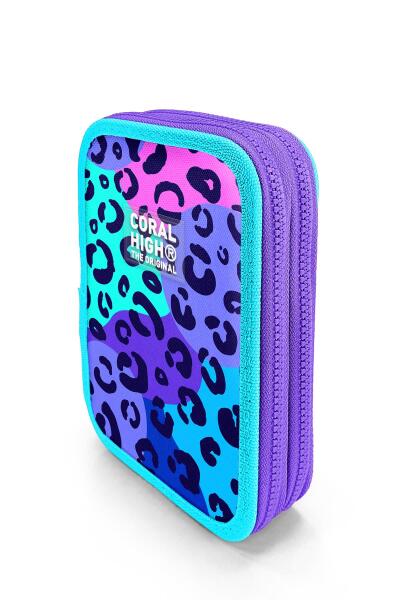 Coral High Mor Leopar Desenli Çift Katlı Kalem Çanta 11132 - 2