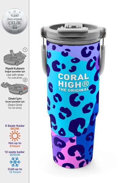 Coral High Mor Leopar Desenli Pipetli ve Direkt İçim Çelik Termos 900 ml 38709 - 1