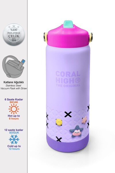 Coral High Mor Lila Desenli Katlanır Ağızlıklı Çelik Termos 650 ml 38350 - 1