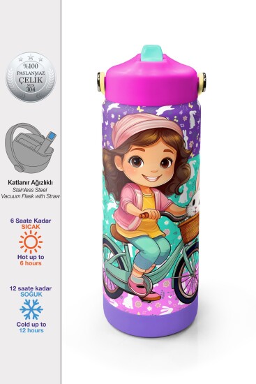 Coral High Mor Pembe Bisikletli Kız Desenli Katlanır Ağızlıklı Çelik Termos 650 ml 38394 - Coral High
