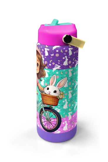Coral High Mor Pembe Bisikletli Kız Desenli Katlanır Ağızlıklı Çelik Termos 650 ml 38394 - 4