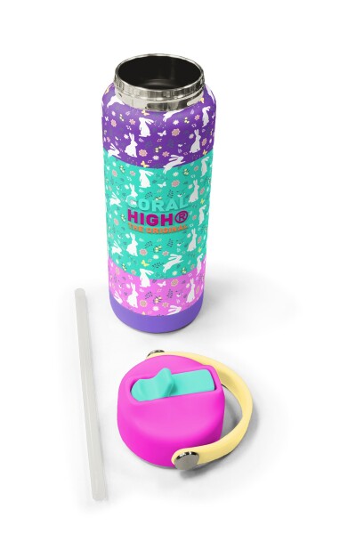 Coral High Mor Pembe Bisikletli Kız Desenli Katlanır Ağızlıklı Çelik Termos 650 ml 38394 - 5