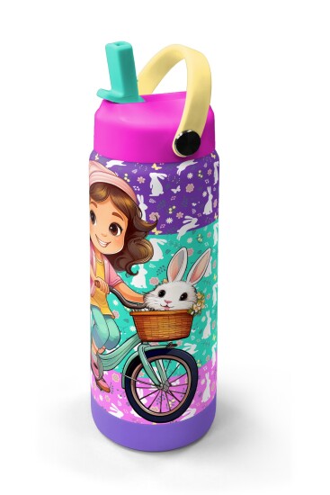 Coral High Mor Pembe Bisikletli Kız Desenli Katlanır Ağızlıklı Çelik Termos 650 ml 38394 - 2