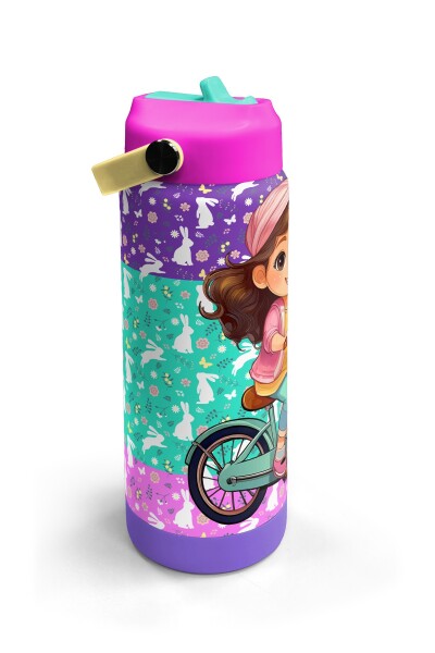 Coral High Mor Pembe Bisikletli Kız Desenli Katlanır Ağızlıklı Çelik Termos 650 ml 38394 - 3