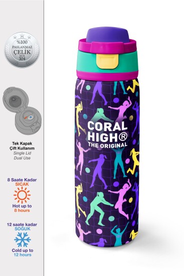 Coral High Mor Voleybol Desenli Pipetli ve Direkt İçim Çelik Termos 800 ml 38525 