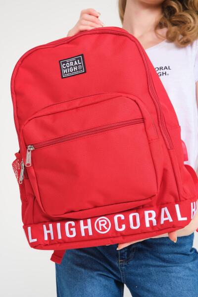 Coral High Kırmızı Nakış Logolu Dört Bölmeli USB Şarjlı Kulaklık Çıkışlı Sırt Çantası 24103 - 7