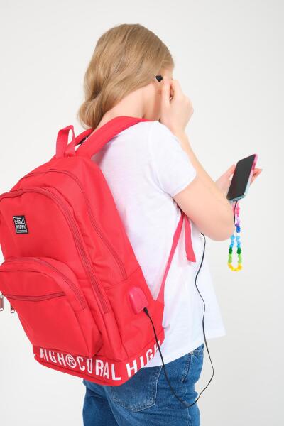 Coral High Kırmızı Nakış Logolu Dört Bölmeli USB Şarjlı Kulaklık Çıkışlı Sırt Çantası 24103 - 8