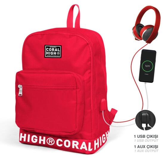 Coral High Kırmızı Nakış Logolu Dört Bölmeli USB Şarjlı Kulaklık Çıkışlı Sırt Çantası 24103 - 2