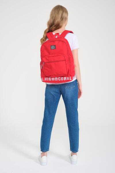 Coral High Kırmızı Nakış Logolu Dört Bölmeli USB Şarjlı Kulaklık Çıkışlı Sırt Çantası 24103 - 3